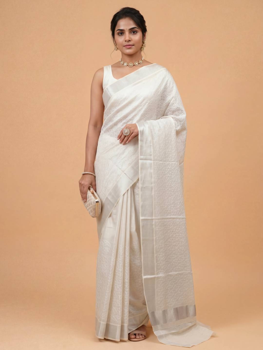 Women Tissue Silver Embroidered Kerala Saree KLS15