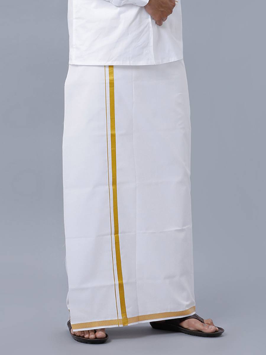 Mens Double Dhoti White with Gold Jari 3/4" Goldsmith-Side view