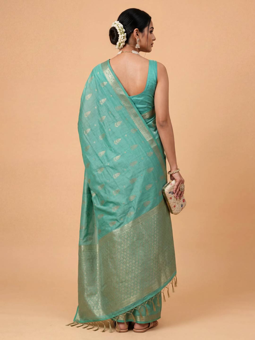 Women Semi Tussar Printed Green Saree ST343