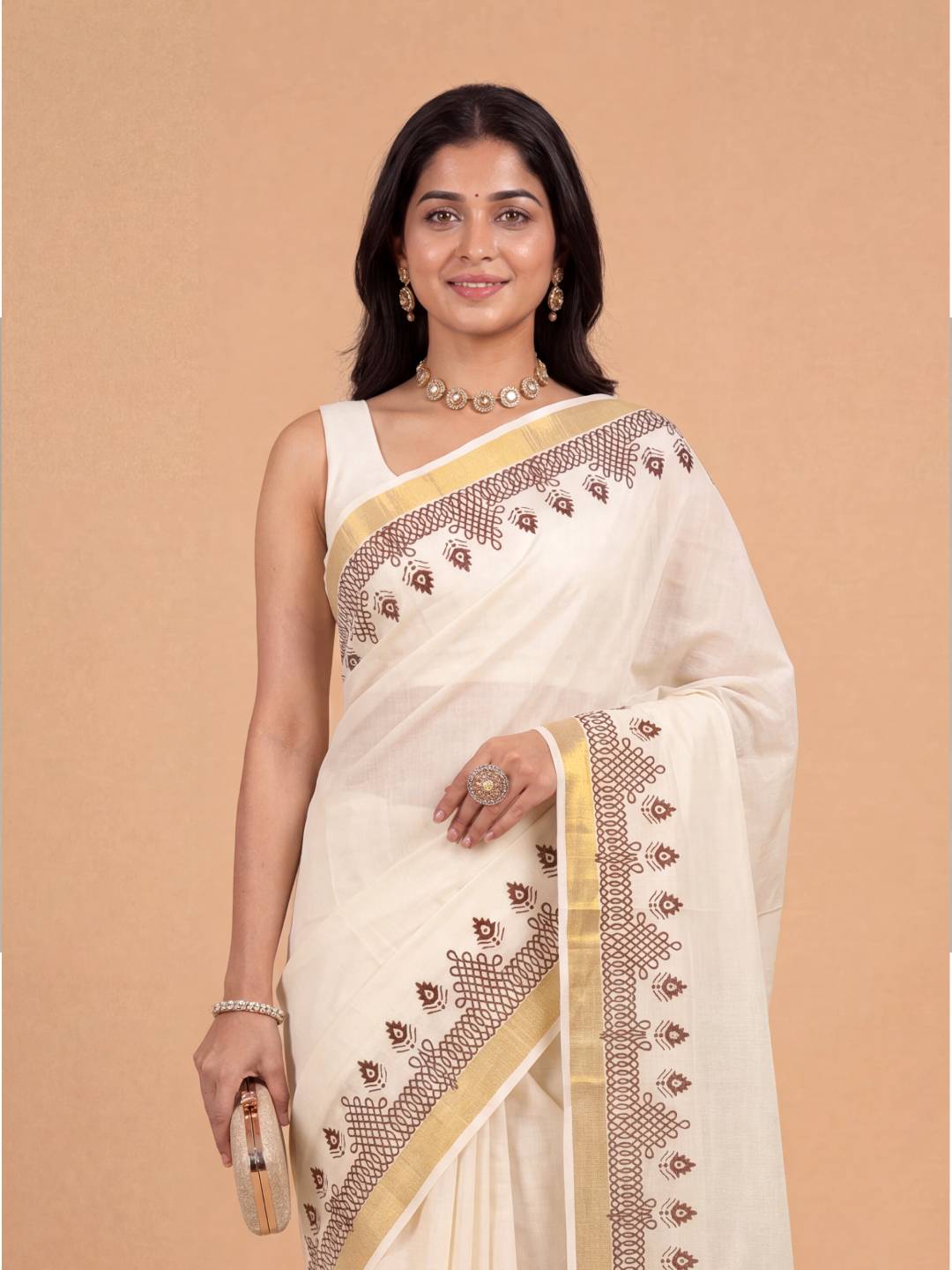 Women Kora Cotton Cream Kerala Printed Saree with Gold Jari KLS33