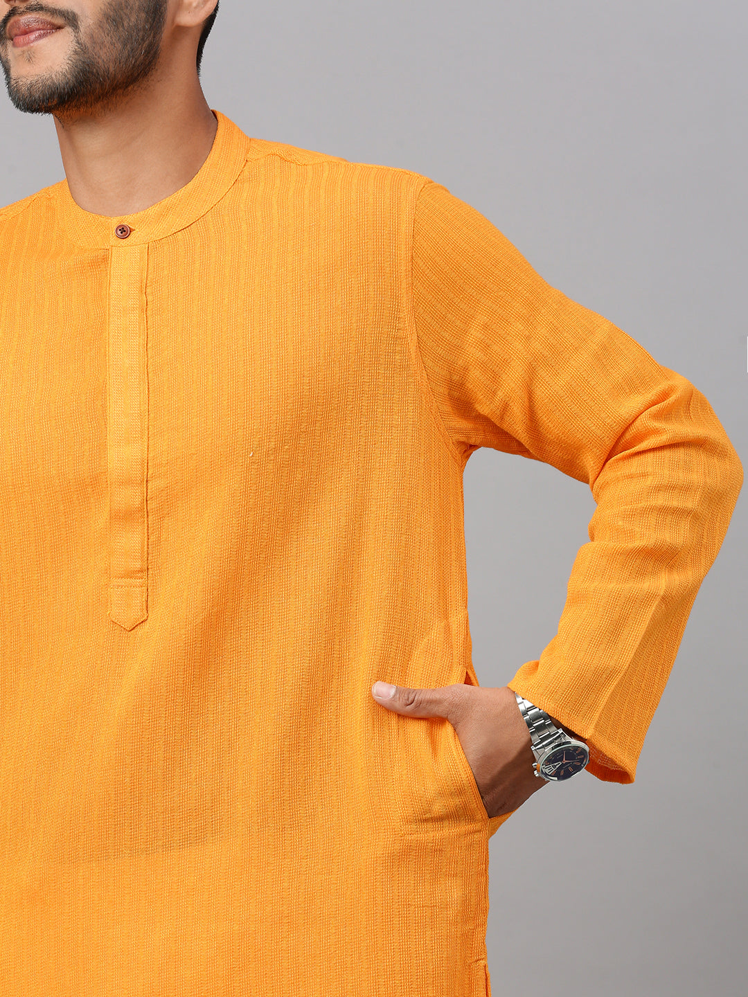 Mens Cotton Orange Yellow Striped Full Length Pocket Kurta M5