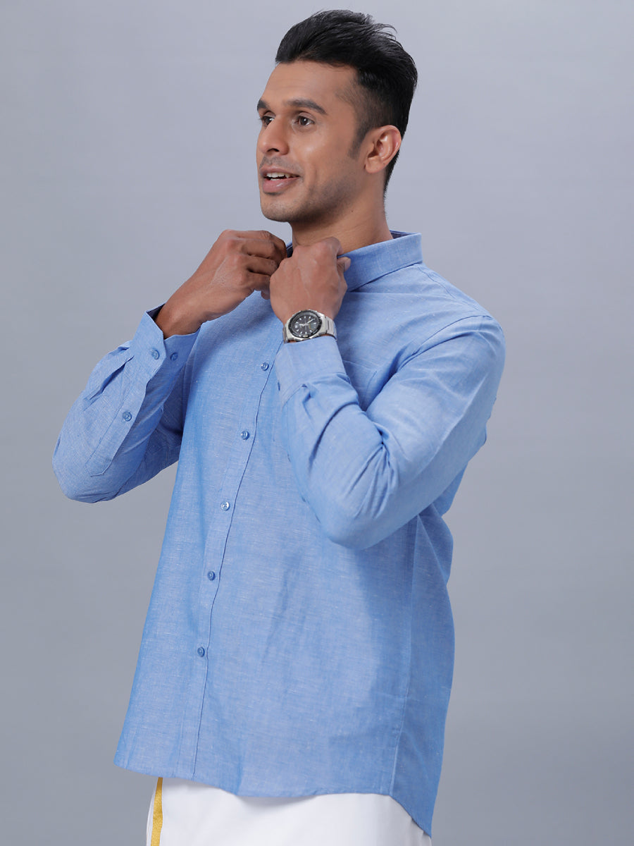 Men Linen Cotton Shirt Blue LF4