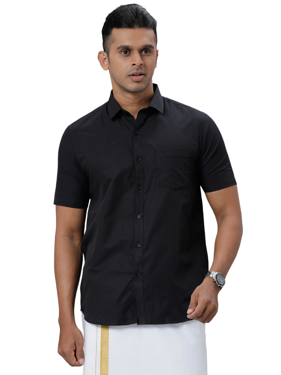 Mens Cotton Blend Formal Half Sleeves Black Shirt\