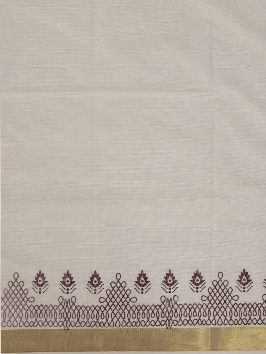 Women Kora Cotton Cream Kerala Printed Saree with Gold Jari KLS33