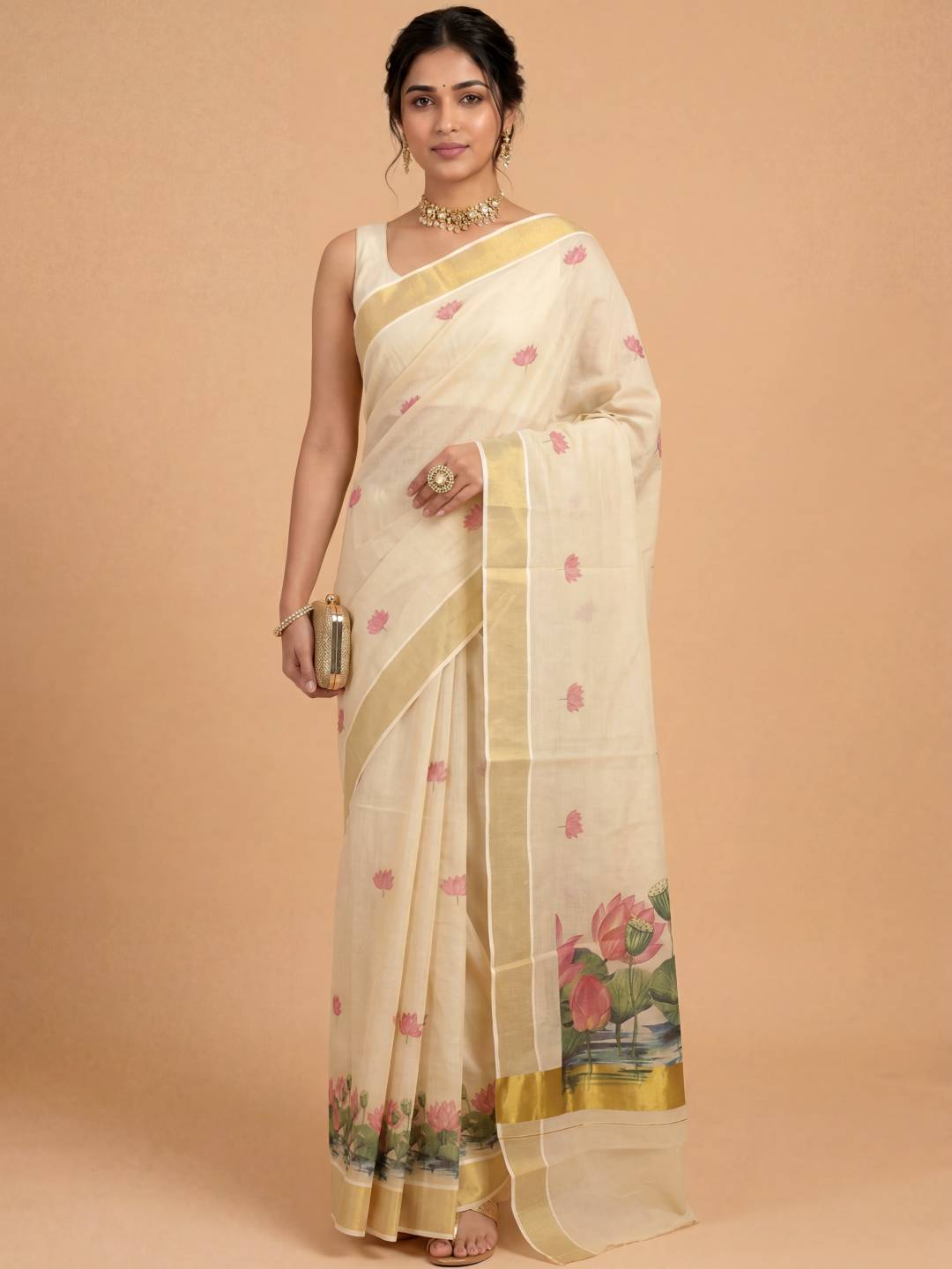 Women Tissue Cream Floral Printed Kerala Saree KLS10