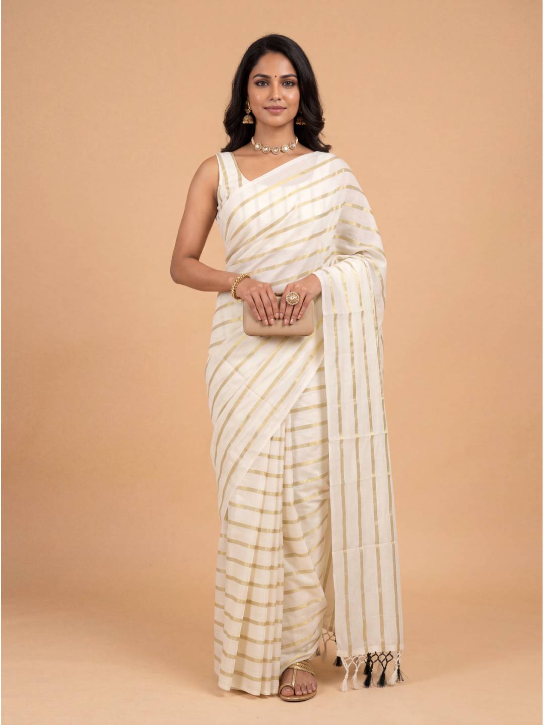 Women Kora Cotton Cream Printed Saree with Gold Jari KLS53