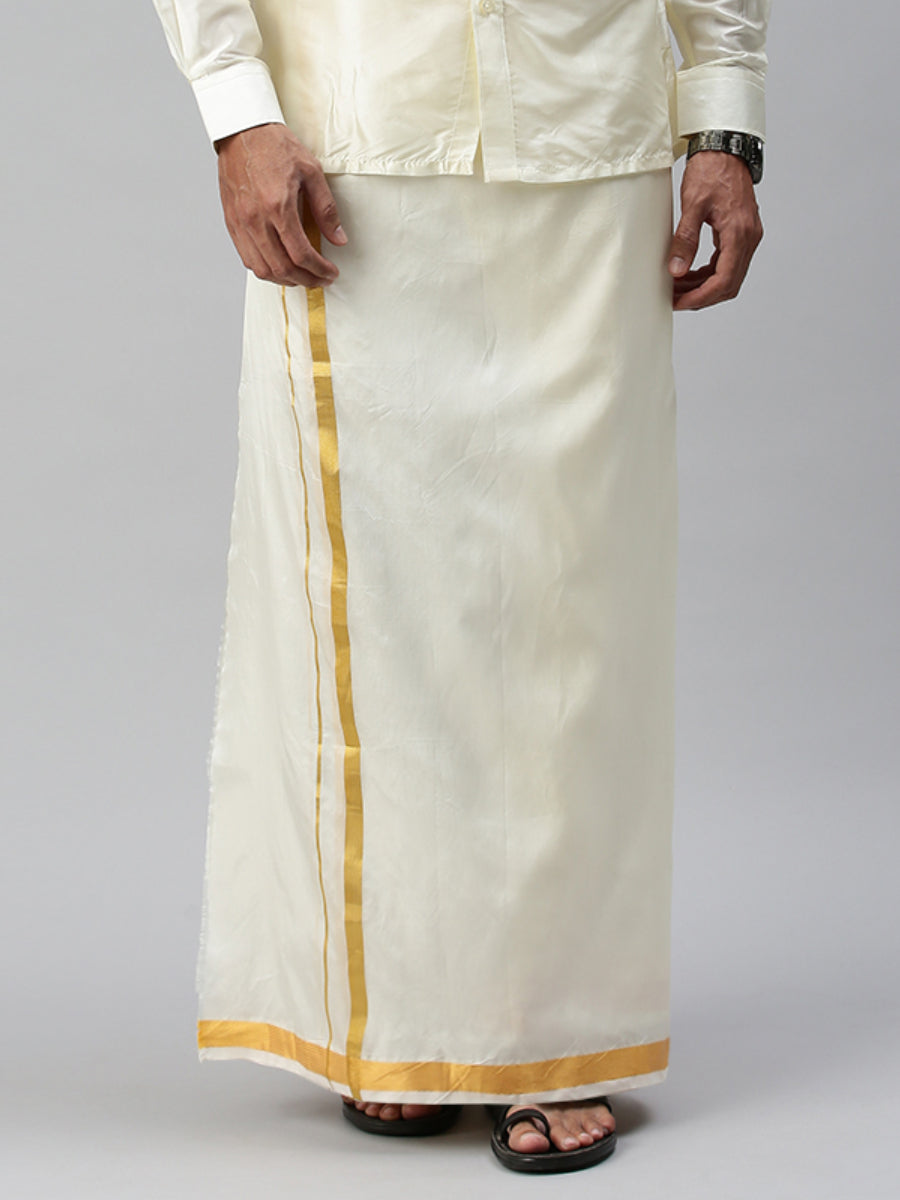 Men Silk Cream Double Dhoti 3/4" inch Gold Jari Border Suba Vivaga