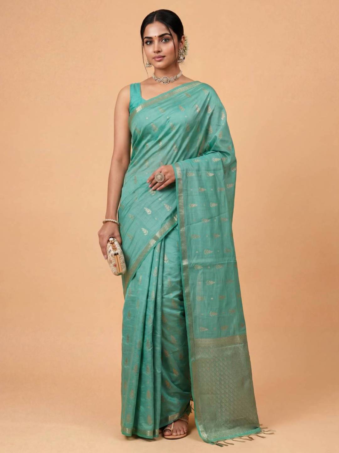 Women Semi Tussar Printed Green Saree ST343