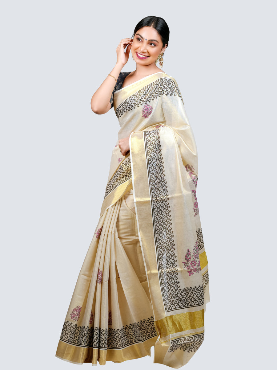 Womens Kerala Tissue Printed Gold Jari Border Saree OKS29