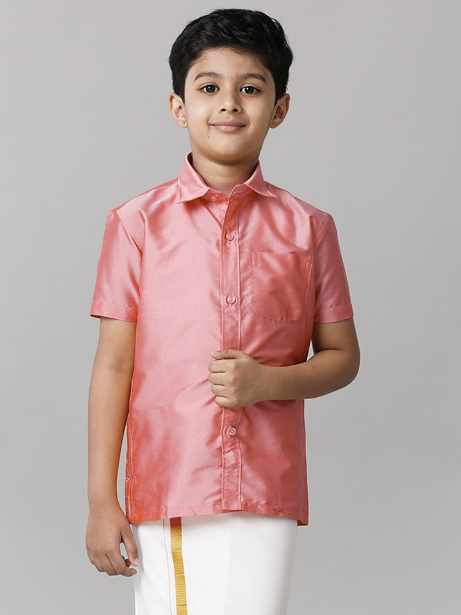 Boys Silk Cotton Pink Half Sleeves Shirt with Adjustable White Dhoti Combo K45