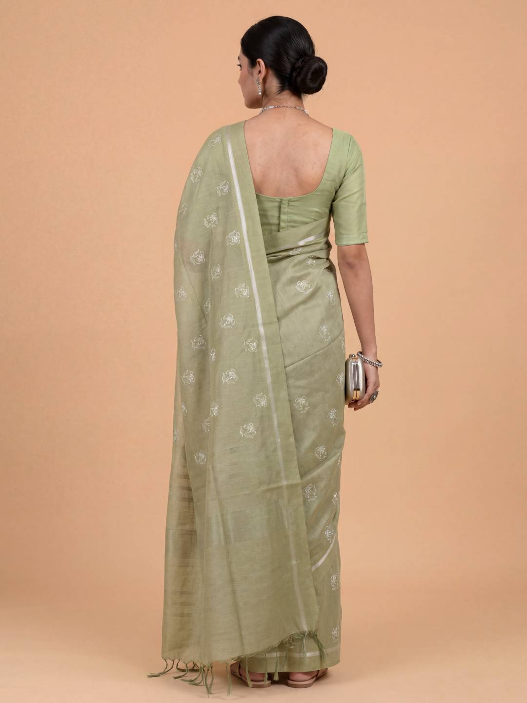 Women Semi Tussar Embroidered Pista Green Saree ST348