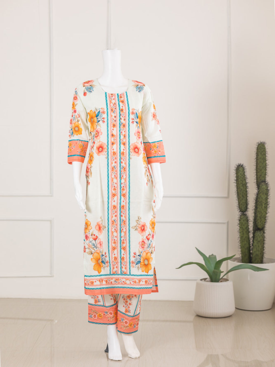 Women Cream Cotton Kurti Set EKS57