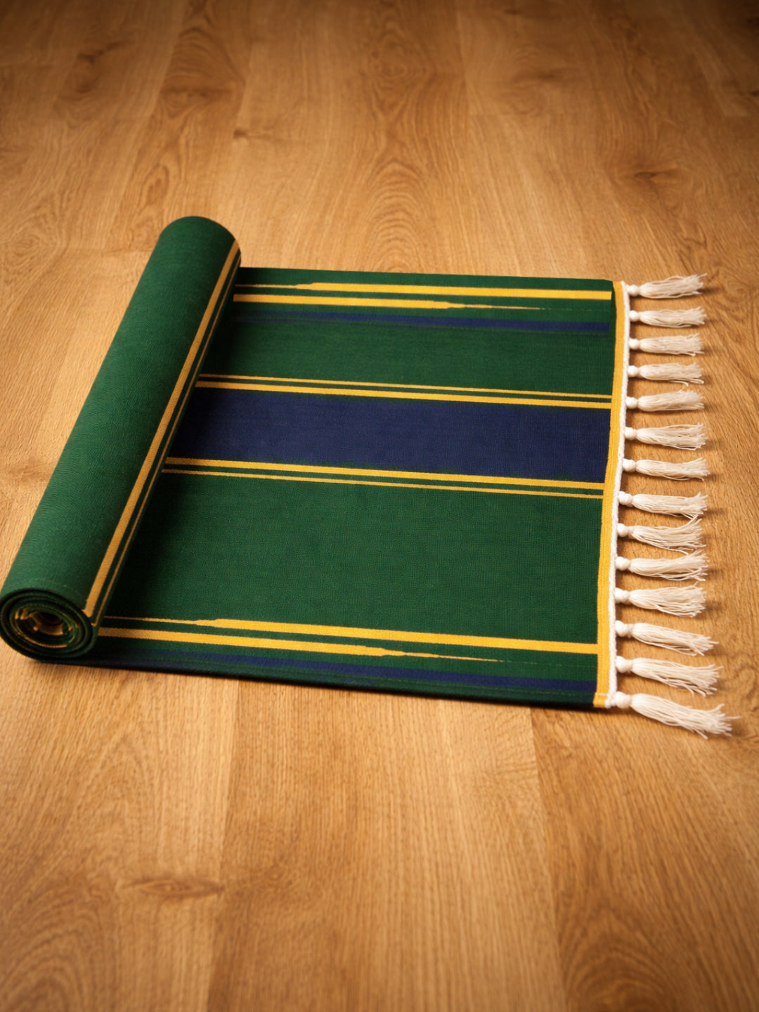 Bhavani Handwoven Cotton Jamakkalam Rug Green Base with Blue & Yellow Stripes (3.25 × 6.5 Ft)