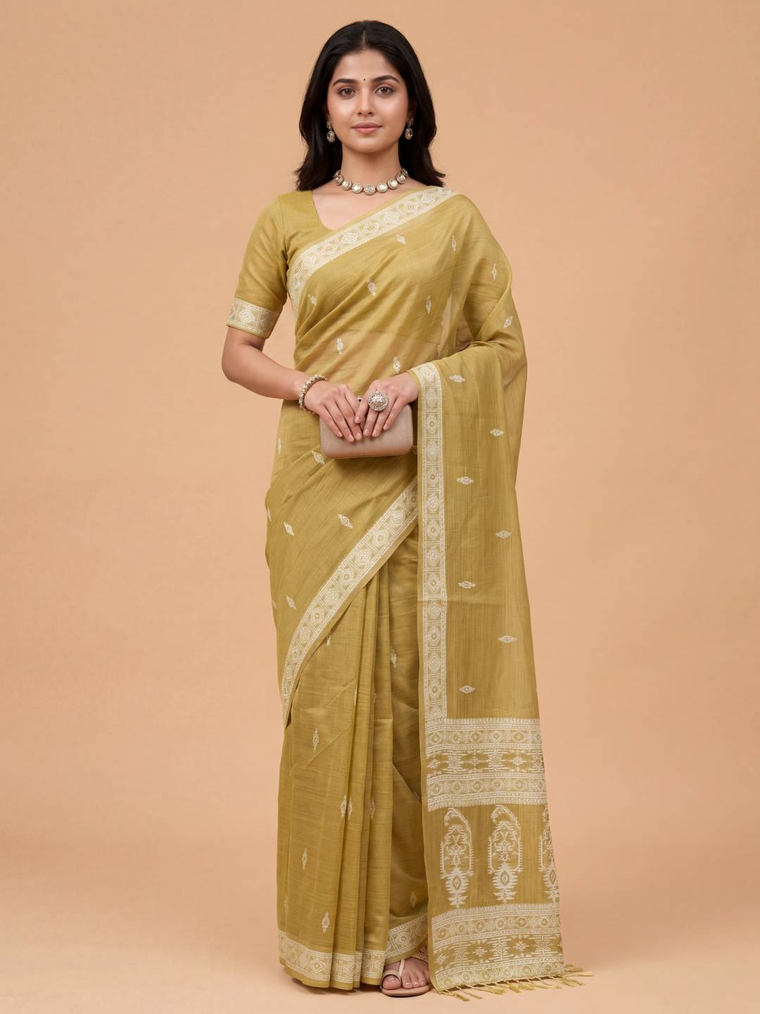 Women Mustard Spun Poly Saree SP01