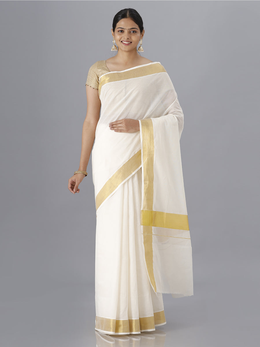 Women Traditional Kerala Cream Plain Saree with Gold Border KS222