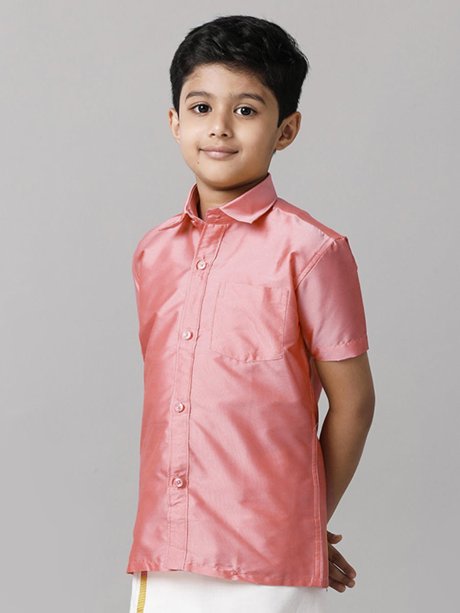 Boys Silk Cotton Pink Half Sleeves Shirt with Adjustable White Dhoti Combo K45