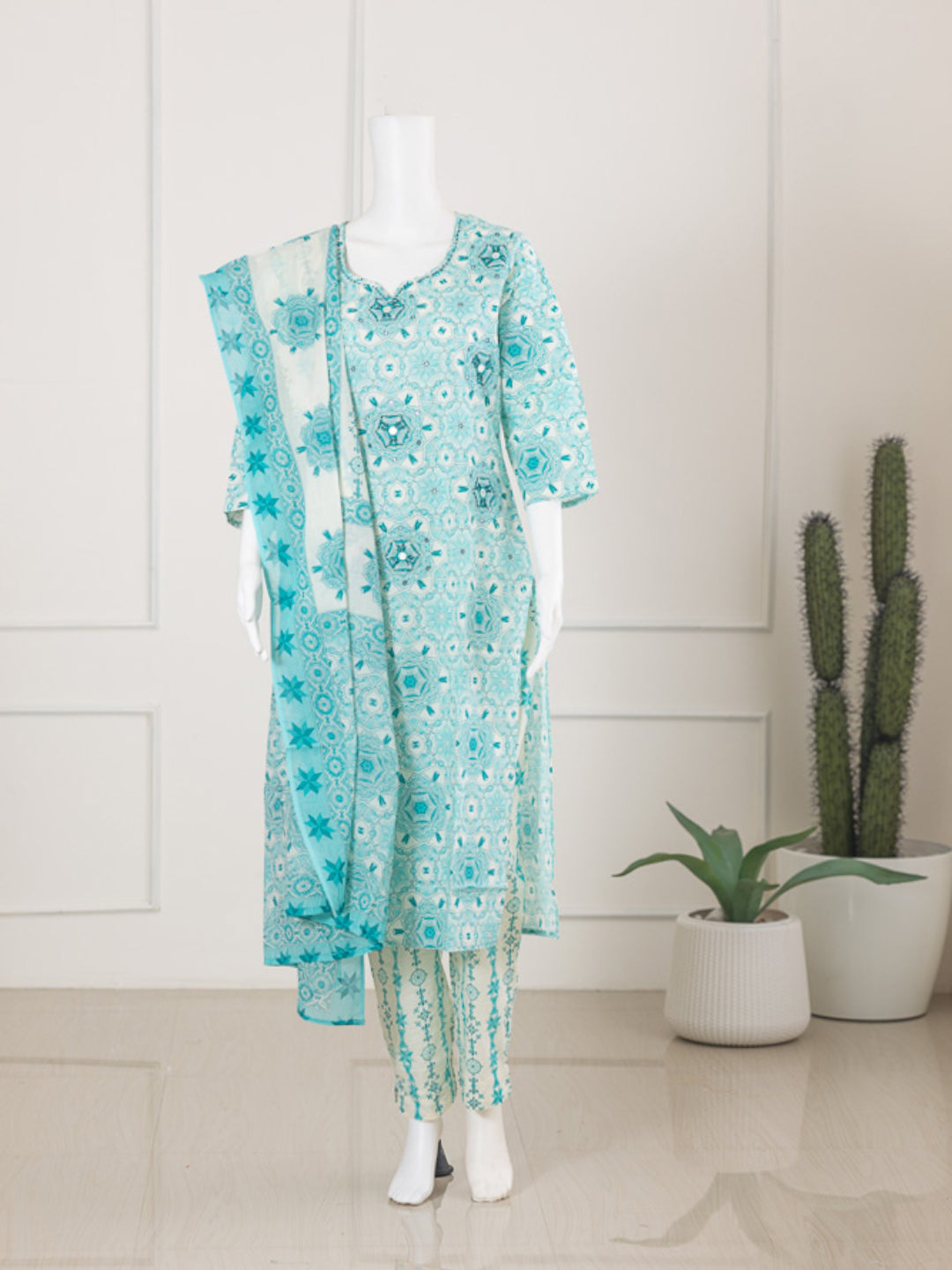 Women Blue Cotton Kurti Set EKS67