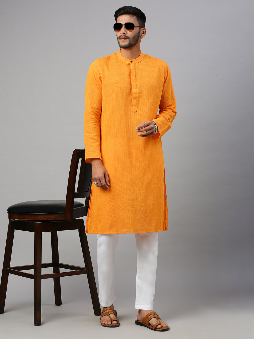 Men Cotton Orange Yellow Striped Full Length Pocket Kurta M5