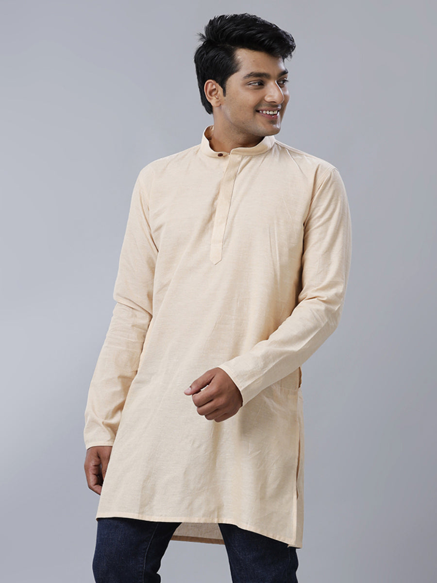 Men Cotton Medium Length Plain Pocket Kurta Sandal J17
