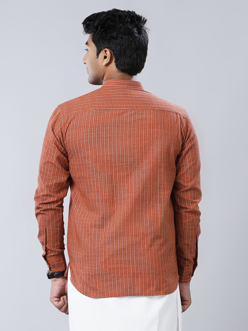 Mens Cotton Brown Striped Short Length Kurta RA16
