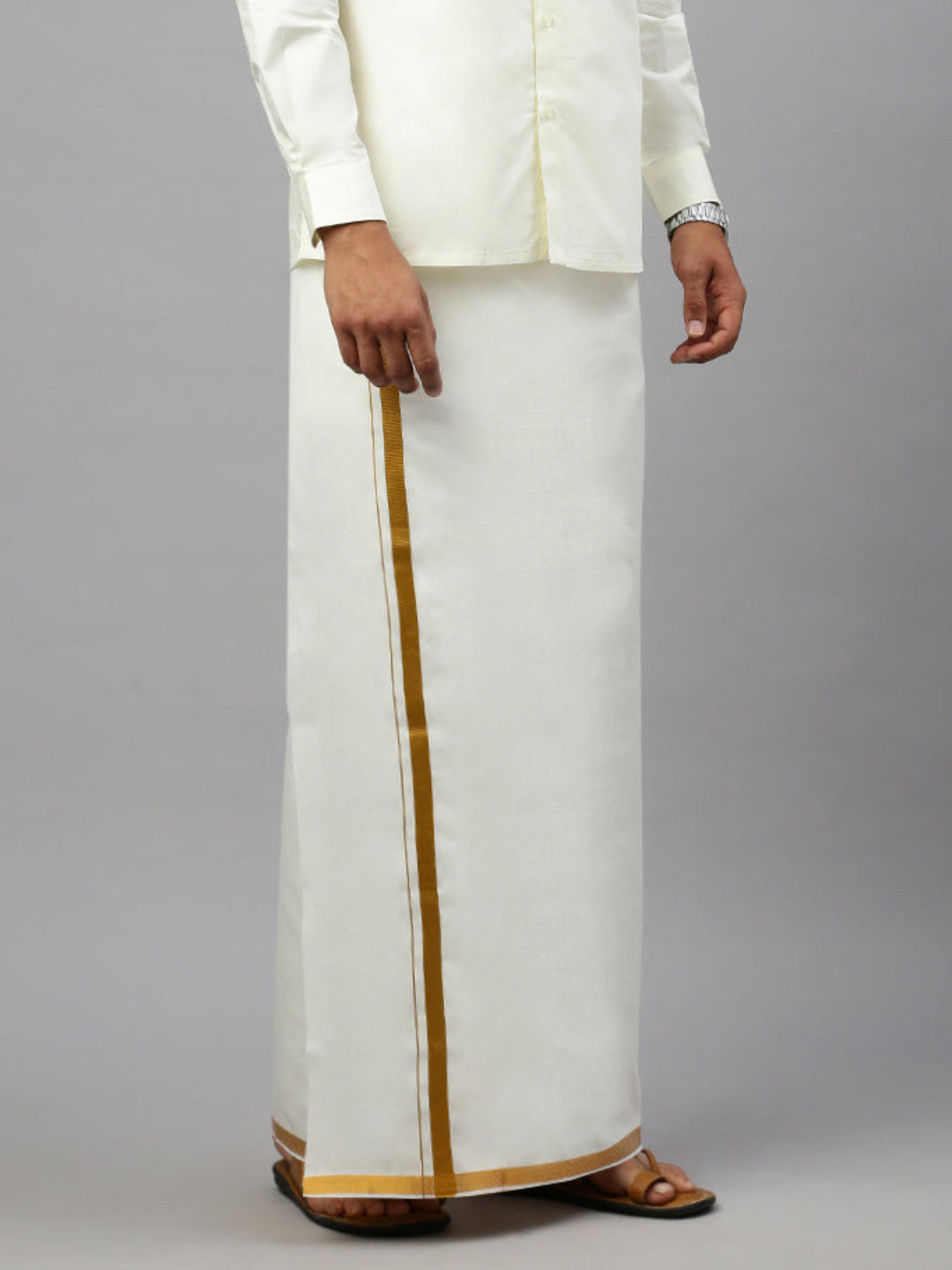 Men Adjustable Cream Single Dhoti with Gold Jari Border Gexnxt