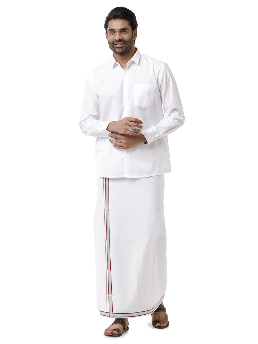 Mens Cotton Single White Dhoti with Silver Jari Border Silver Crown-Full view