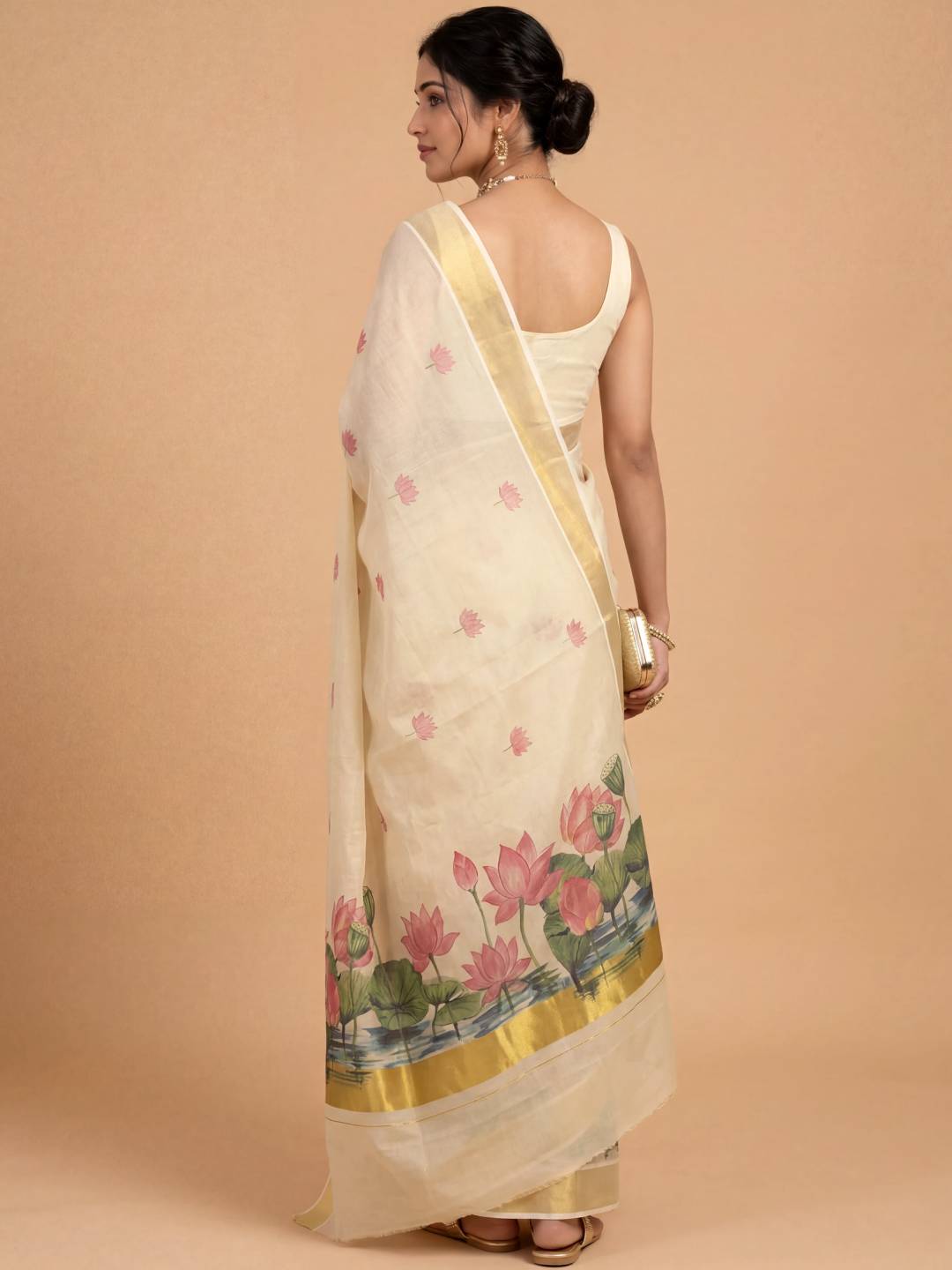 Women Tissue Cream Floral Printed Kerala Saree KLS10