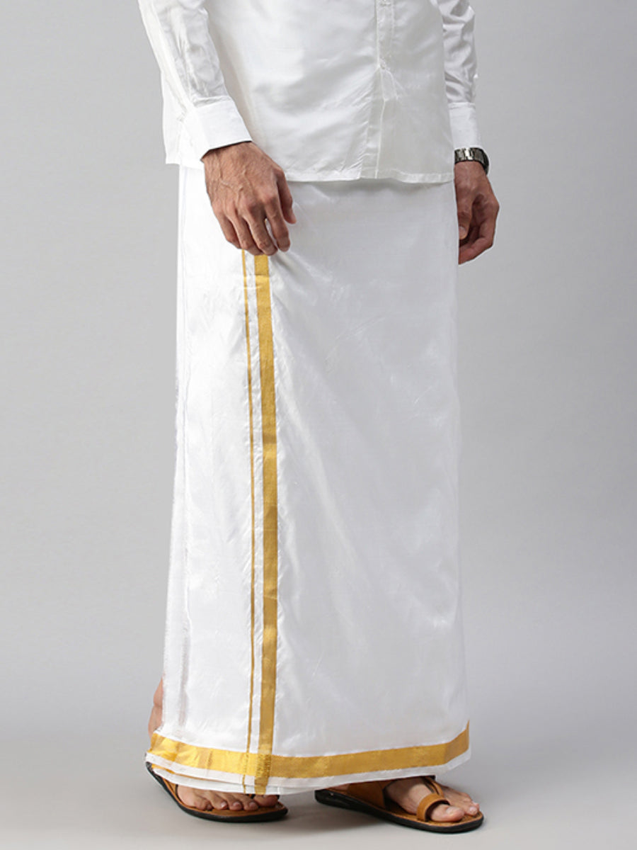 Mens Pure Silk White Double Dhoti with 3/4" Gold Jari Upasana-Side view