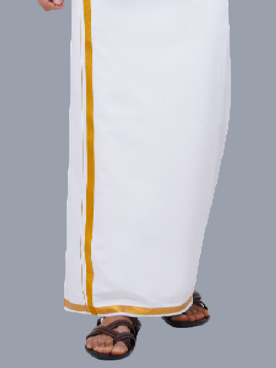 Mens Royal Cotton White Full Sleeves Shirt with 1'' Gold Jari Double Dhoti Combo