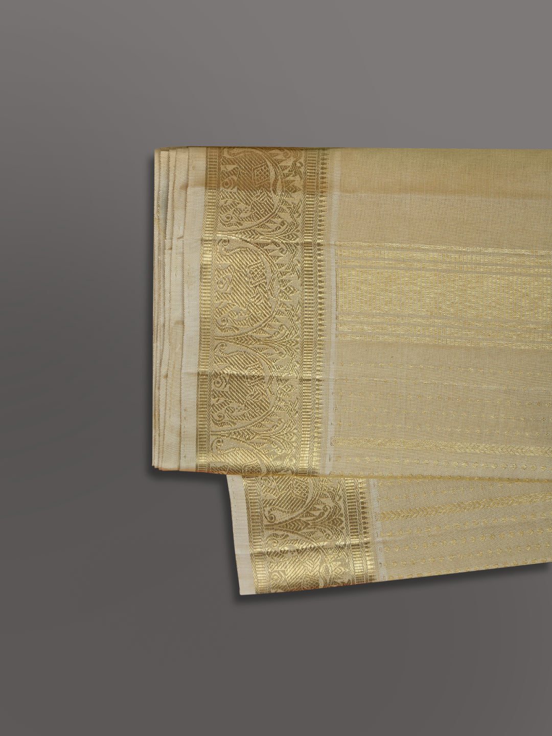 Men Premium Pure Silk Dhoti and Towel Set with 3" Gold Jari Border Virutcham