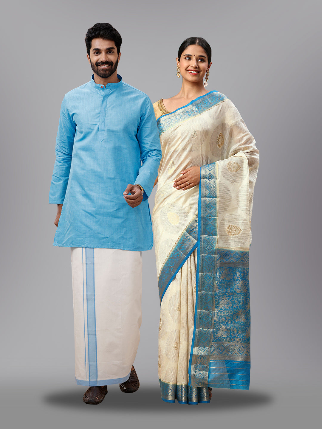 Couple Combo Kurta Dhoti & Saree Sets Blue SRS75