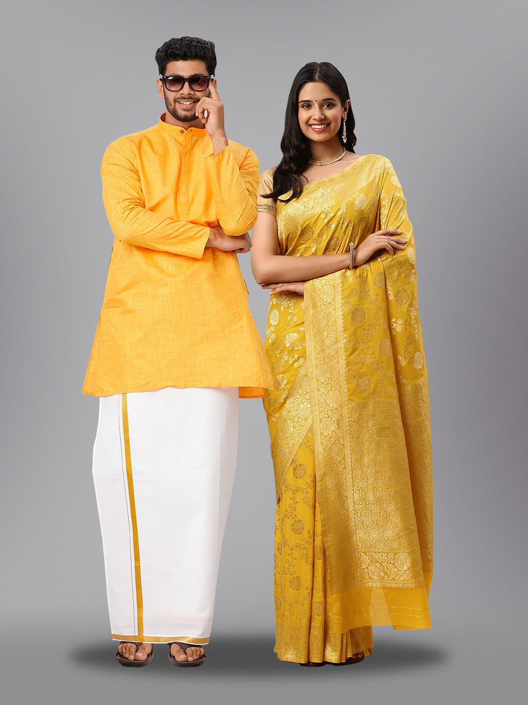 Couple Combo Kurta Dhoti & Saree Sets Yellow SS175