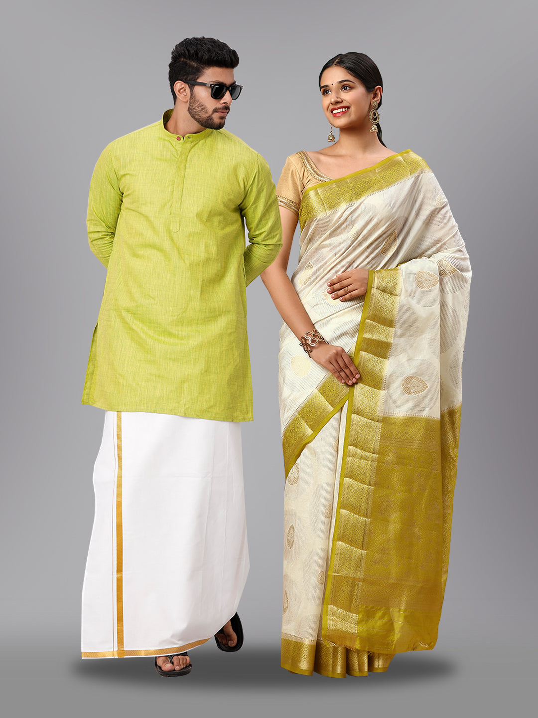 Couple Combo Kurta Dhoti & Saree Sets Green SRS74