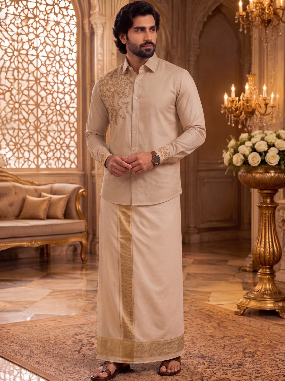 Premium Pure Tussar Silk Hand Embroidered Grand Floral & Leaf Chest Motif Customized Shirt & Dhoti Set | Ilachezhian