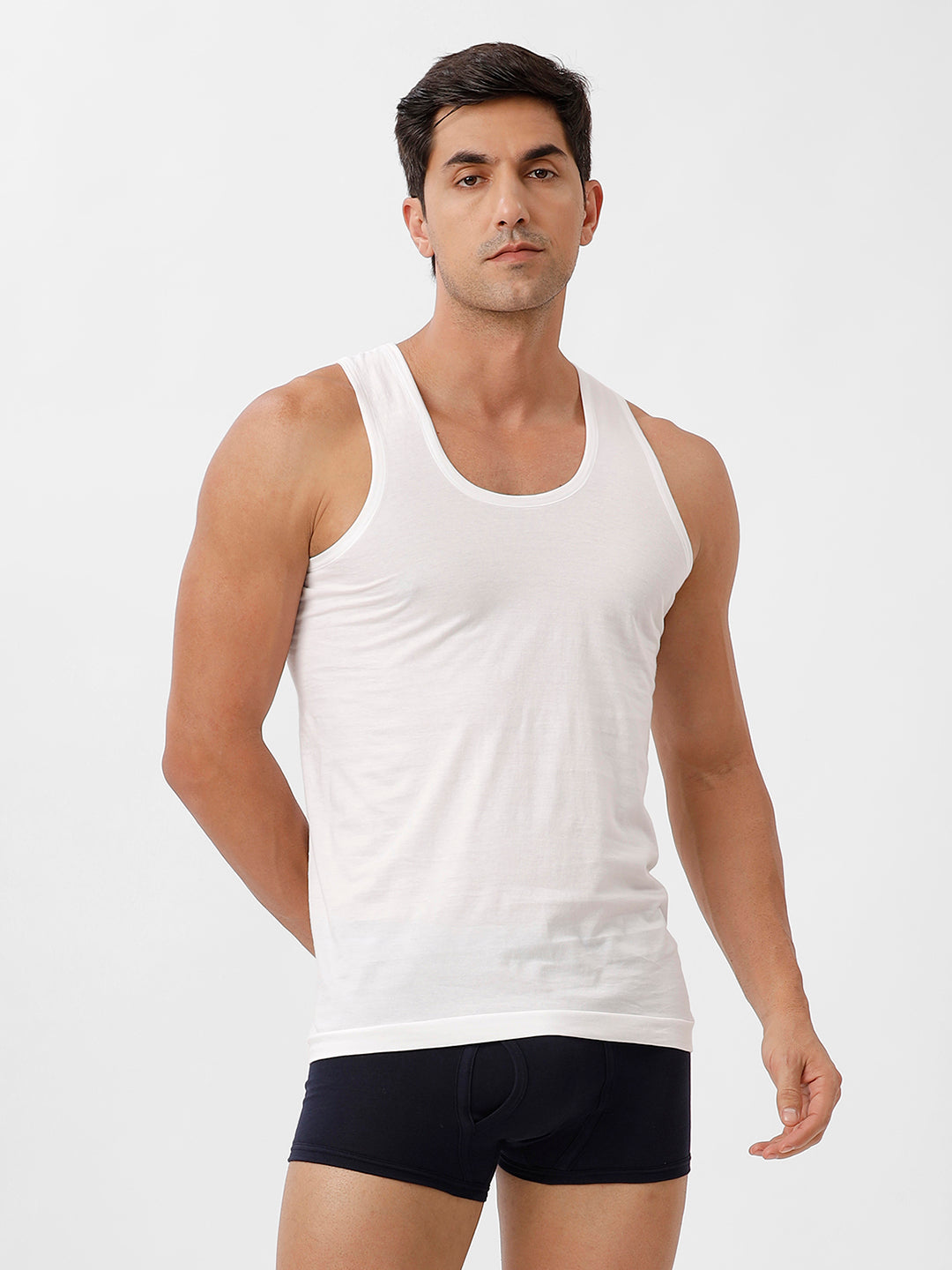 Men White Vest & Navy Without Pocket Trunk Combo