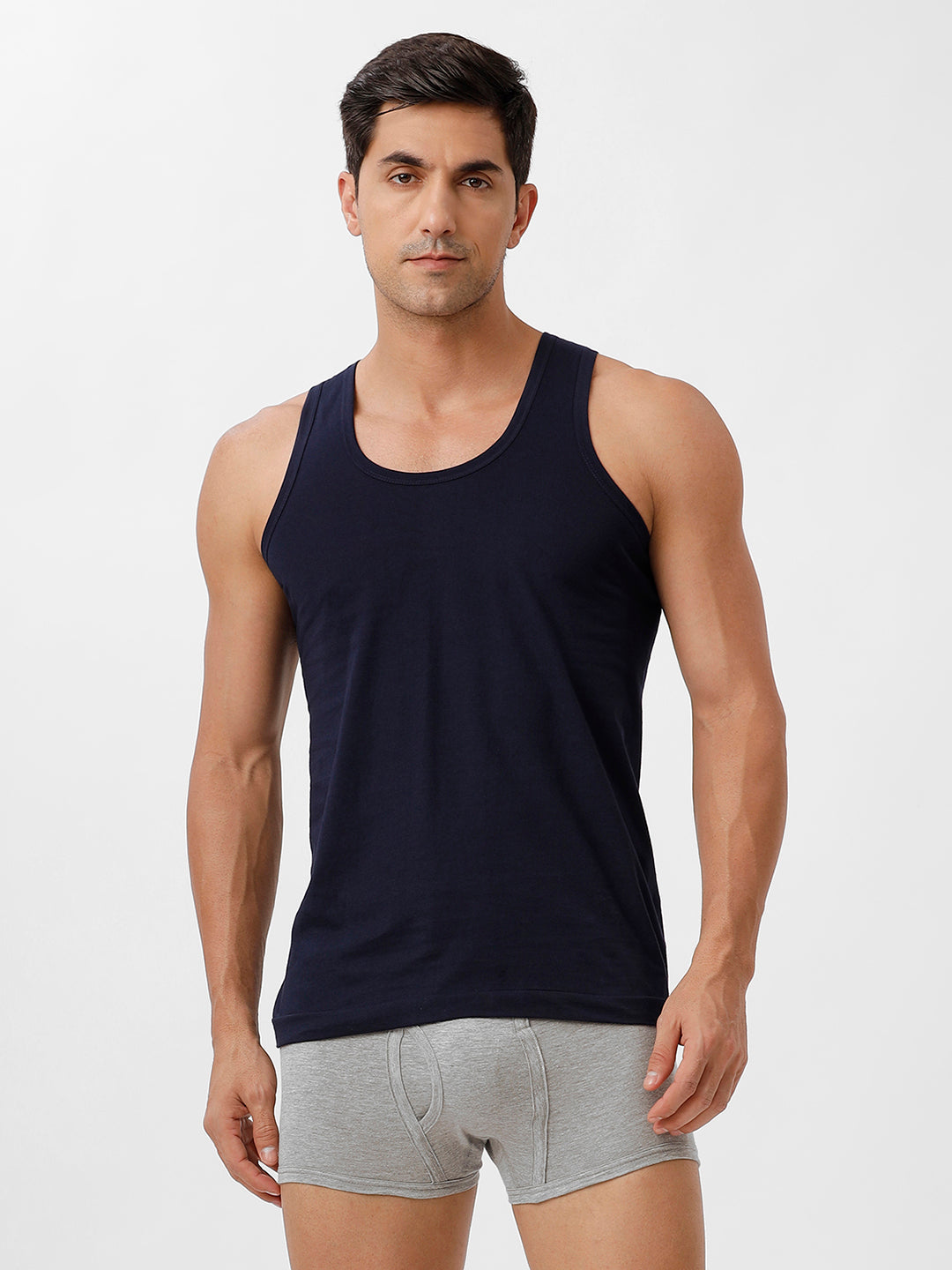 Men Navy Vest & GreyMelange Without Pocket Trunk Combo