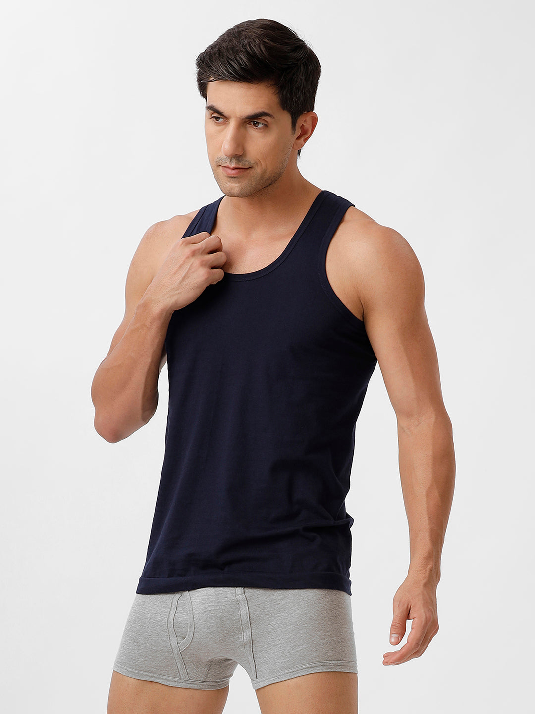 Men Navy Vest & GreyMelange Without Pocket Trunk Combo