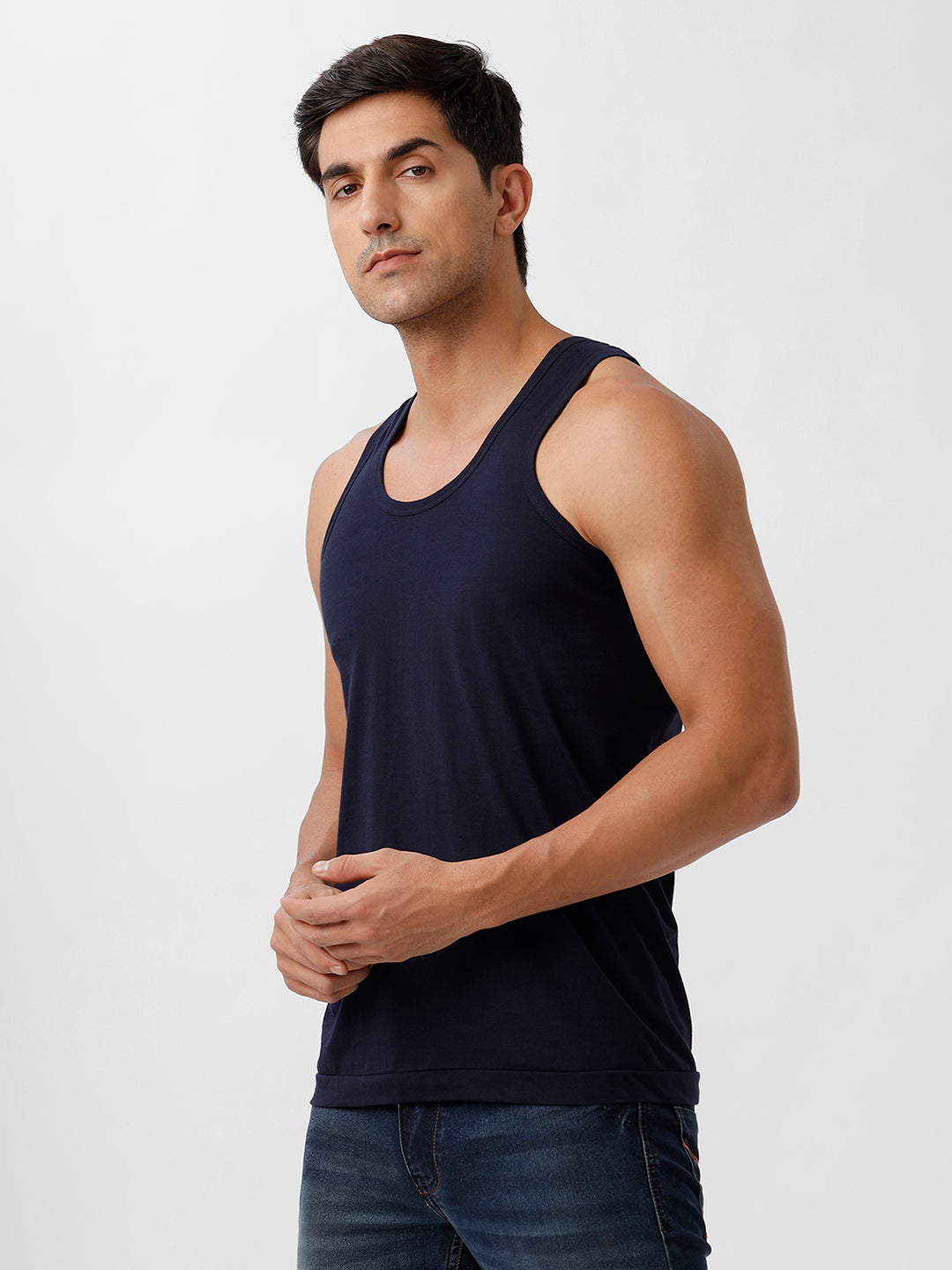 Men Fine Cotton Navy Vest RN Sukra (2 PCs Pack)