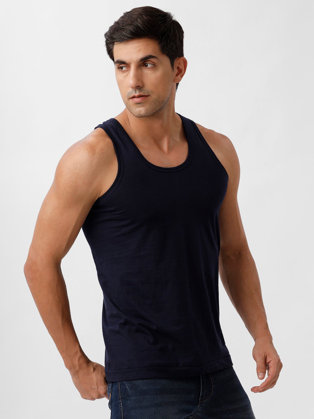 Men Fine Cotton Navy Vest RN Sukra (2 PCs Pack)