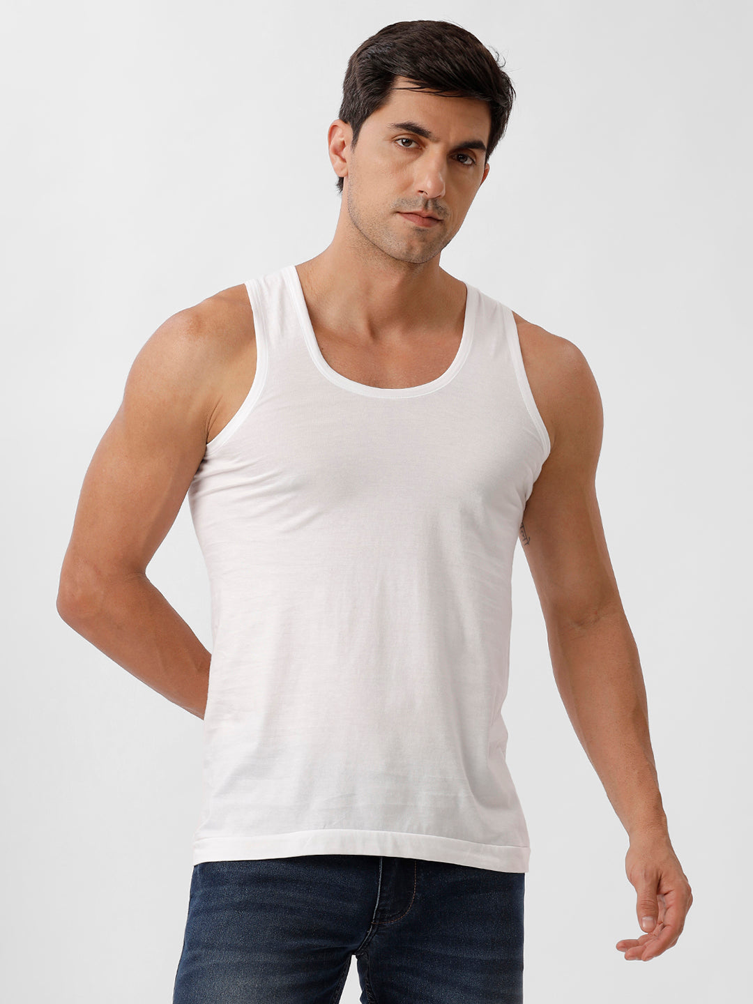 Men Fine Cotton White Vest RN Sukra (2 PCs Pack)