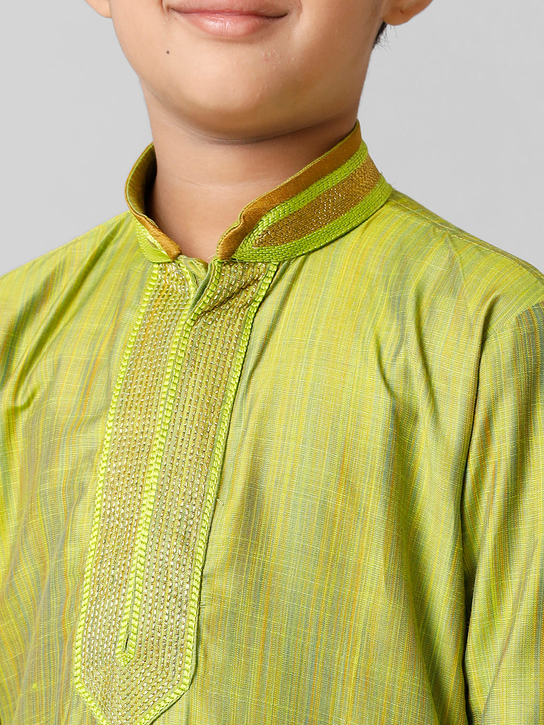 Boys Emerald Cotton Parrot Green Kurta with Cream Readymade Art Silk Panchakacham Combo EMD5-Zoom view