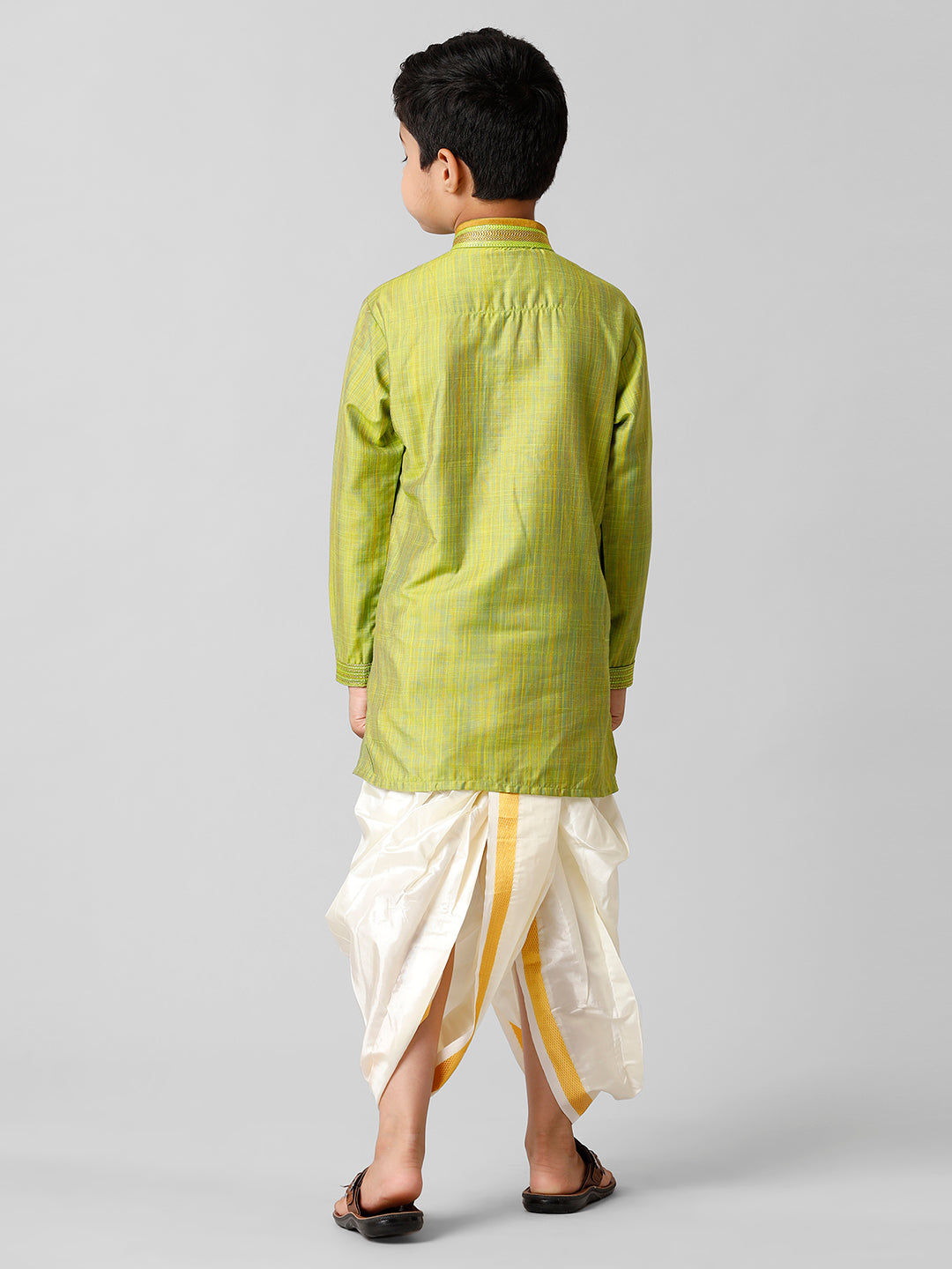 Boys Emerald Cotton Parrot Green Kurta with Cream Readymade Art Silk Panchakacham Combo EMD5-Back view