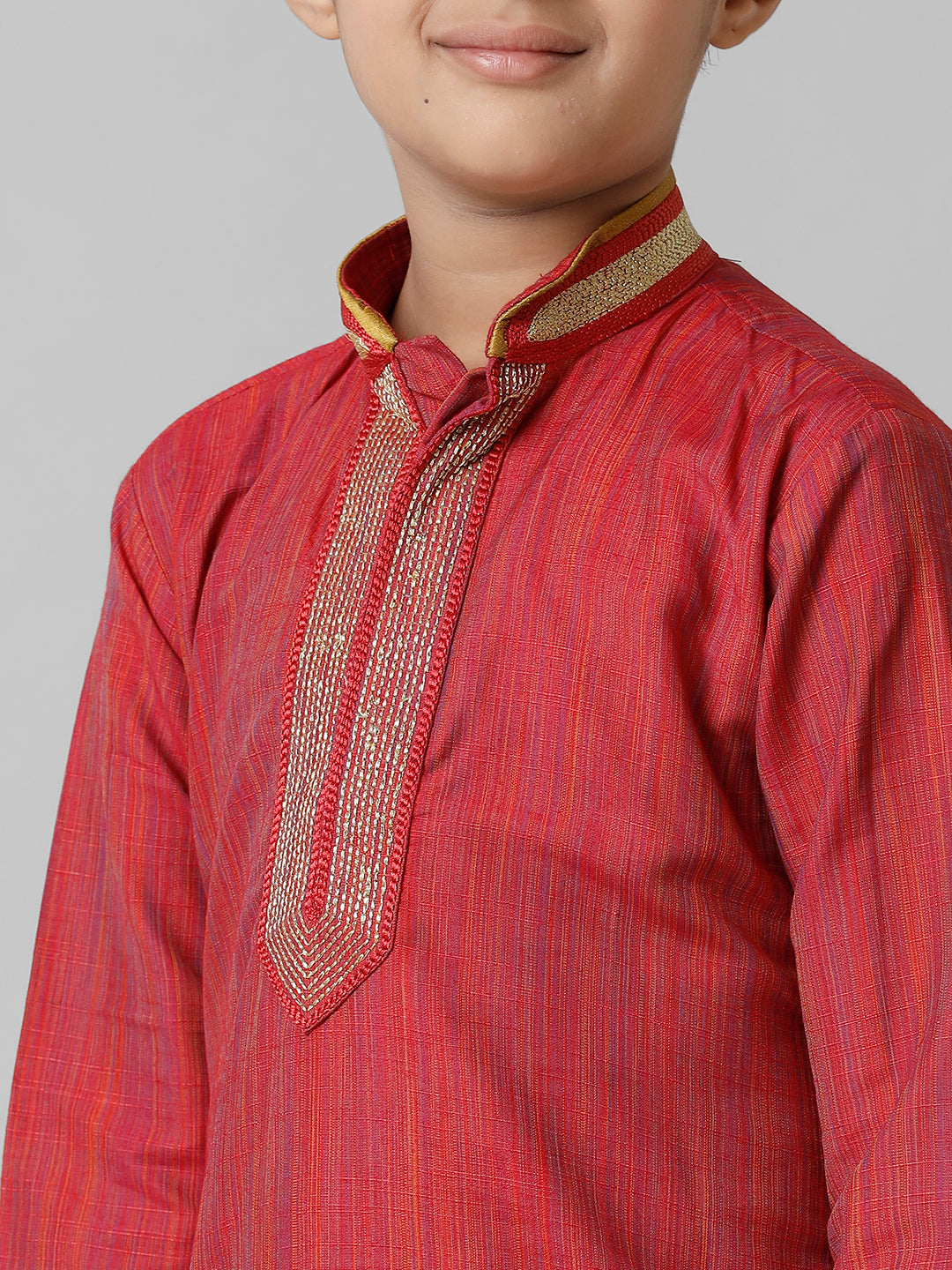 Boys Emerald Cotton Red Kurta with Cream Readymade Art Silk Panchakacham Combo EMD4-Zoom view