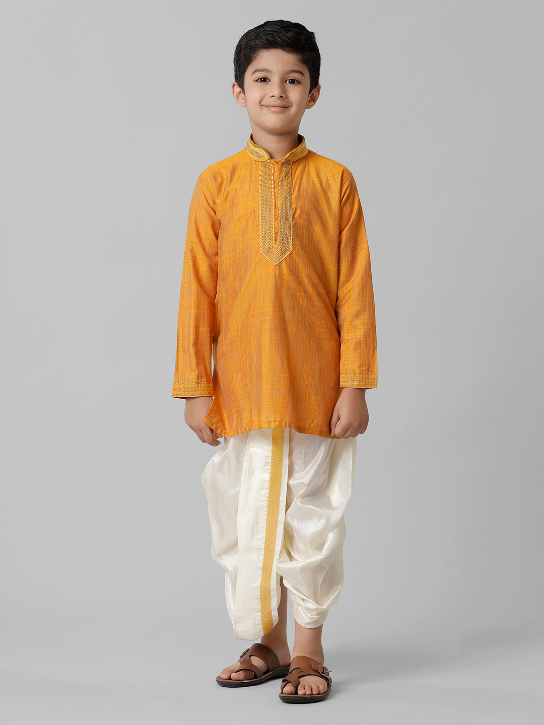 Boys Emerald Cotton Orange Kurta with Cream Readymade Art Silk Panchakacham Combo EMD3