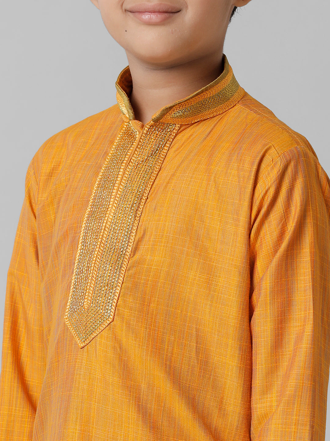Boys Emerald Cotton Orange Kurta with Cream Readymade Art Silk Panchakacham Combo EMD3-Zoom view