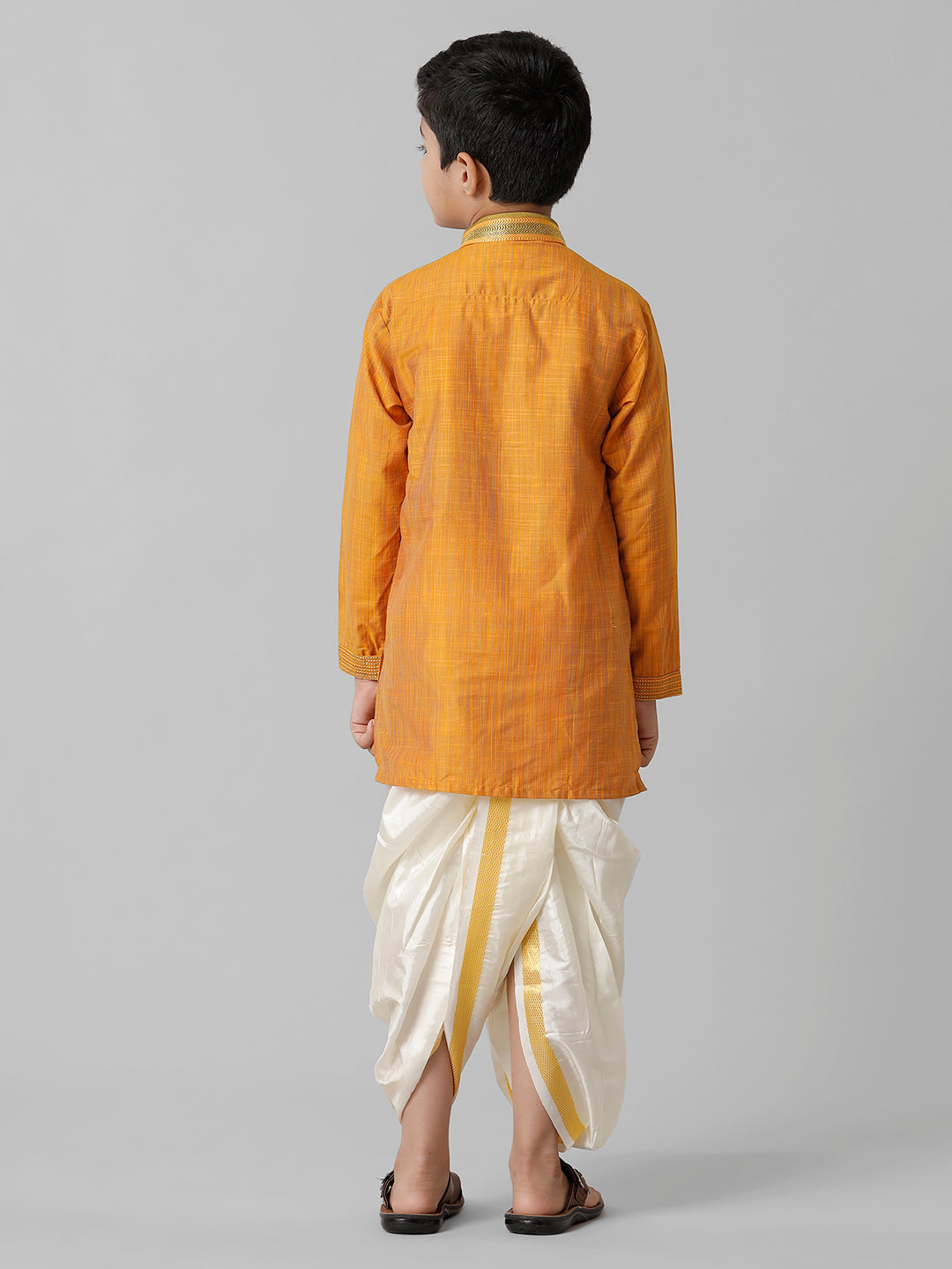 Boys Emerald Cotton Orange Kurta with Cream Readymade Art Silk Panchakacham Combo EMD3-Back view