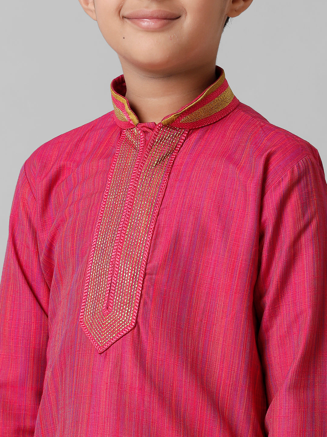 Boys Emerald Cotton Dark Pink Kurta with Cream Readymade Art Silk Panchakacham Combo EMD1-Zoom view