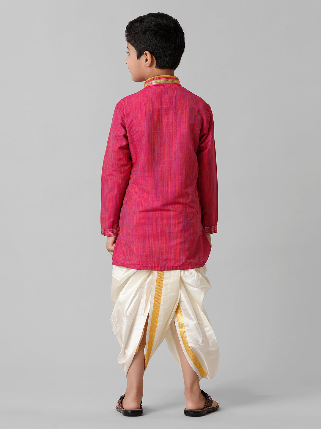 Boys Emerald Cotton Dark Pink Kurta with Cream Readymade Art Silk Panchakacham Combo EMD1-Back view