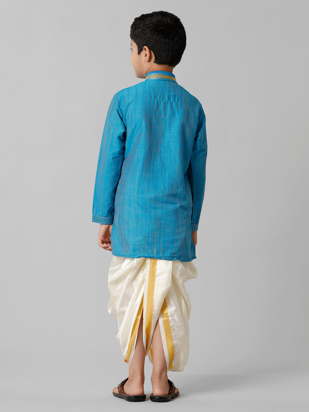 Boys Emerald Cotton Sky Blue Kurta with Cream Readymade Art Silk Panchakacham Combo EMD2-Back view
