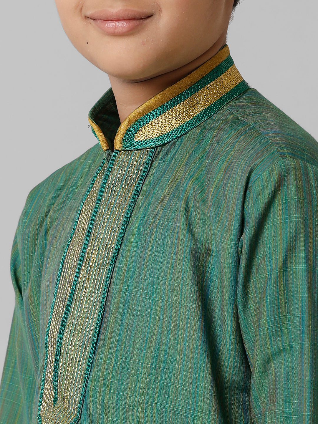 Boys Emerald Cotton Dark Green Kurta with Cream Readymade Art Silk Panchakacham Combo EMD7-Zoom view